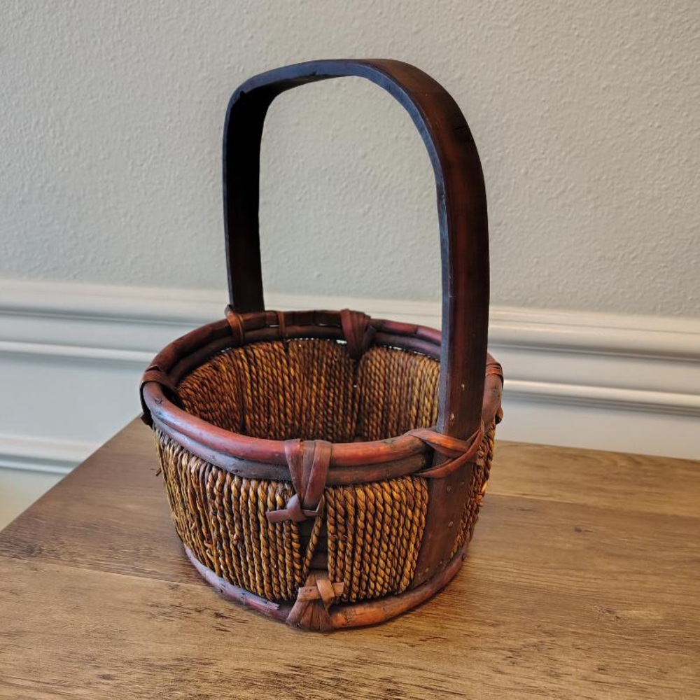 Vtg Chinese Woven Willow Bentwood Rice Gathering Basket Small Home Decor Basket